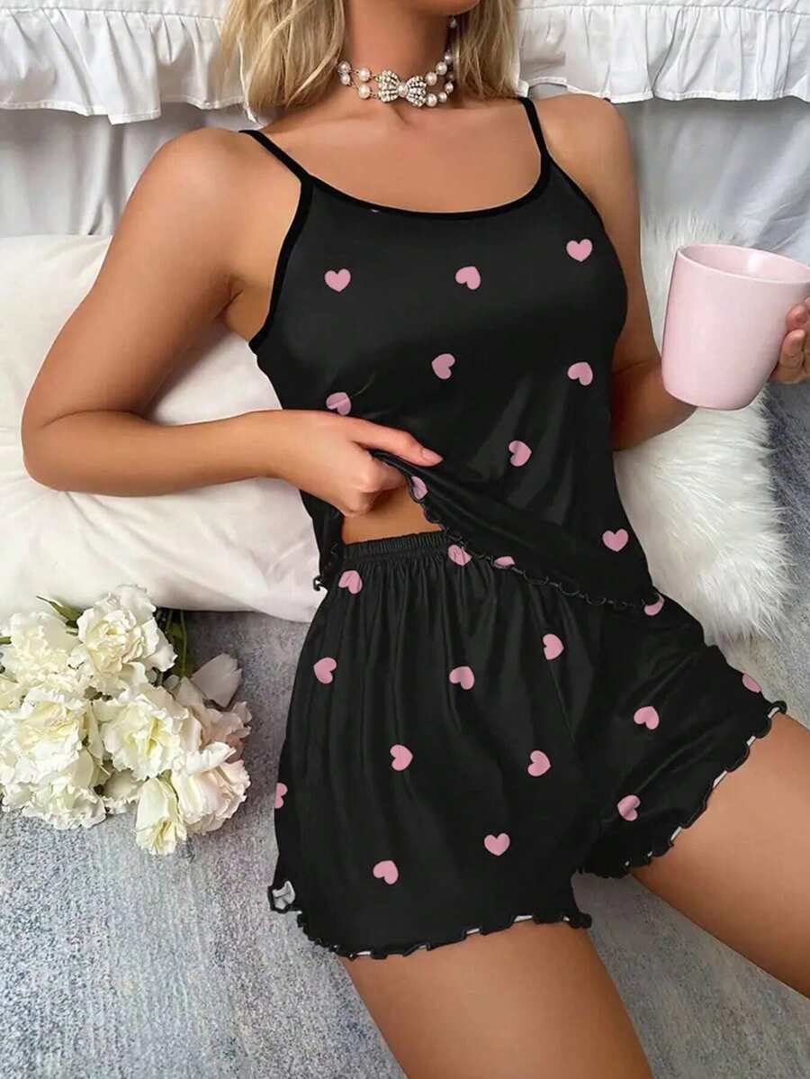 Women Pajamas 2pcs Set Love Print Scoop Neck Cami Top Camisole Shorts