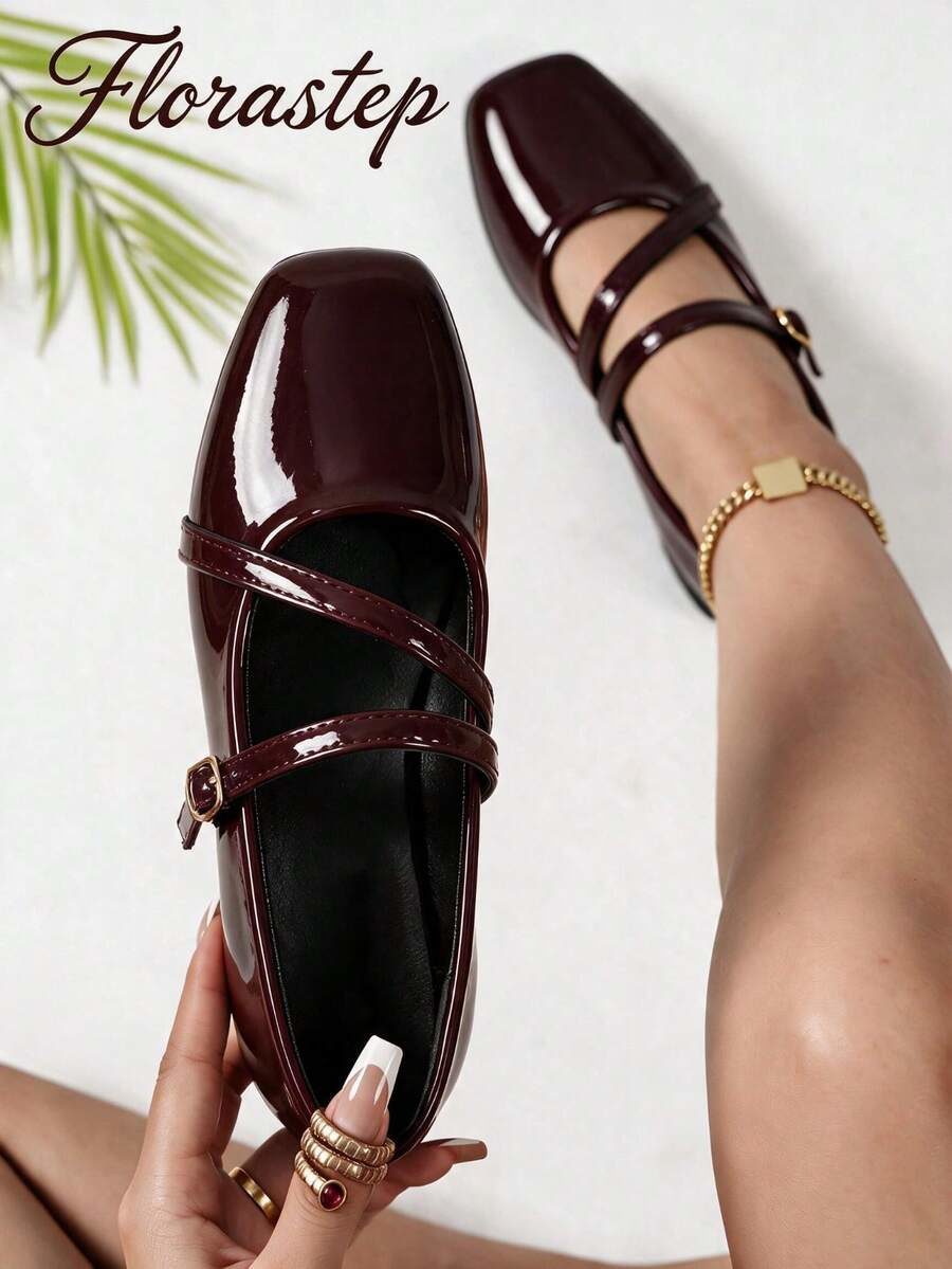 1 Pair Burgundy Glossy Square Toe Mary Jane Shoes For Women