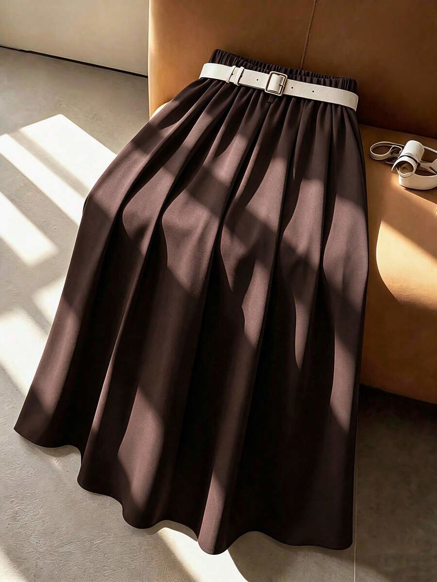 Plus Size Women's Dark Brown High Waist Pleated A-Line Skirt