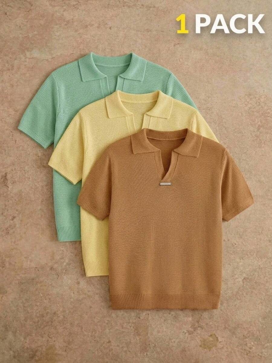 Men's Solid Color Casual Versatile Daily Knit Short Sleeve Top Camel Summer