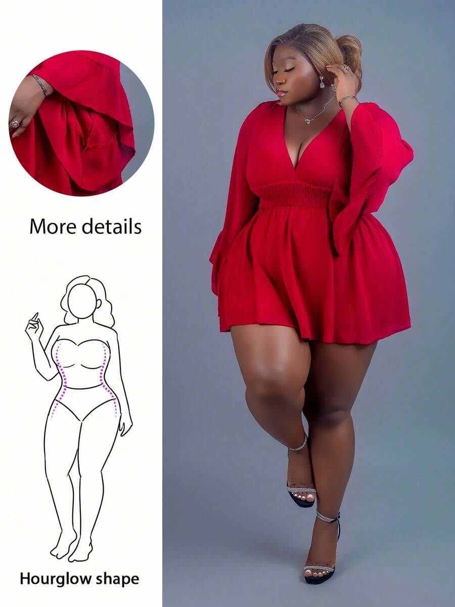 Plus Size V-Neck Ruched A-Line Dress With Flare Sleeves