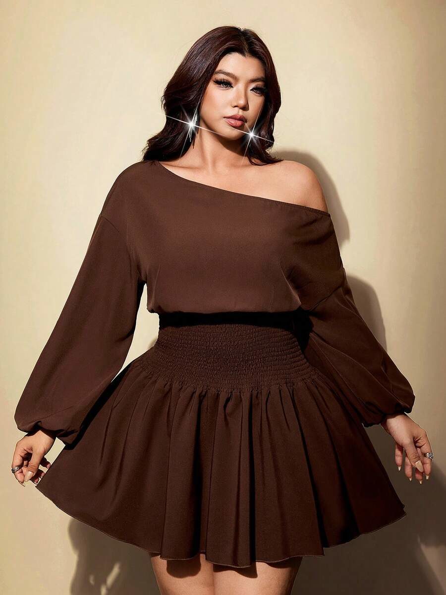Plus Size Women Solid Color Asymmetrical Shoulder Fashion Date Party Dress Fall